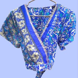 BOHO HINDI SILK BLEND COLORFUL BLUE UPCYCLED HANDMADE SARI SCARF CROP TOP